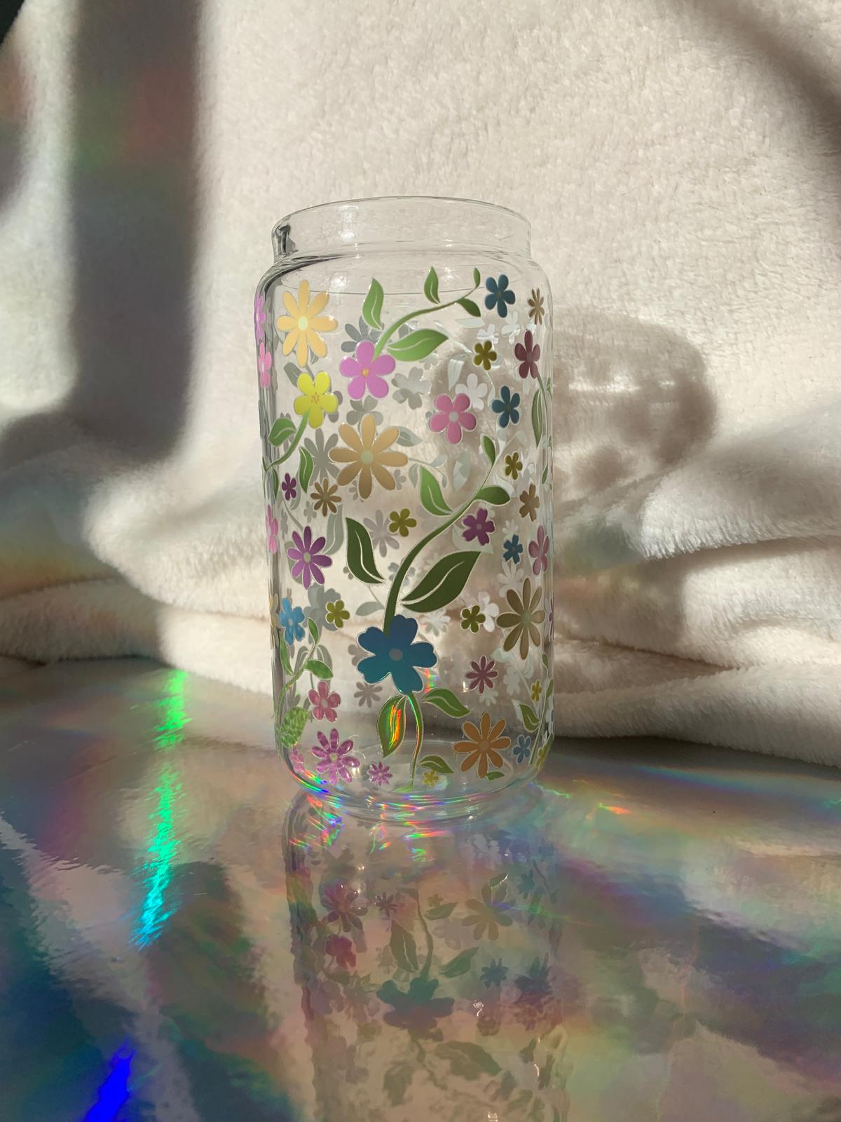 Spring Flowers Coffee Glass With Lid and Straw 600ml