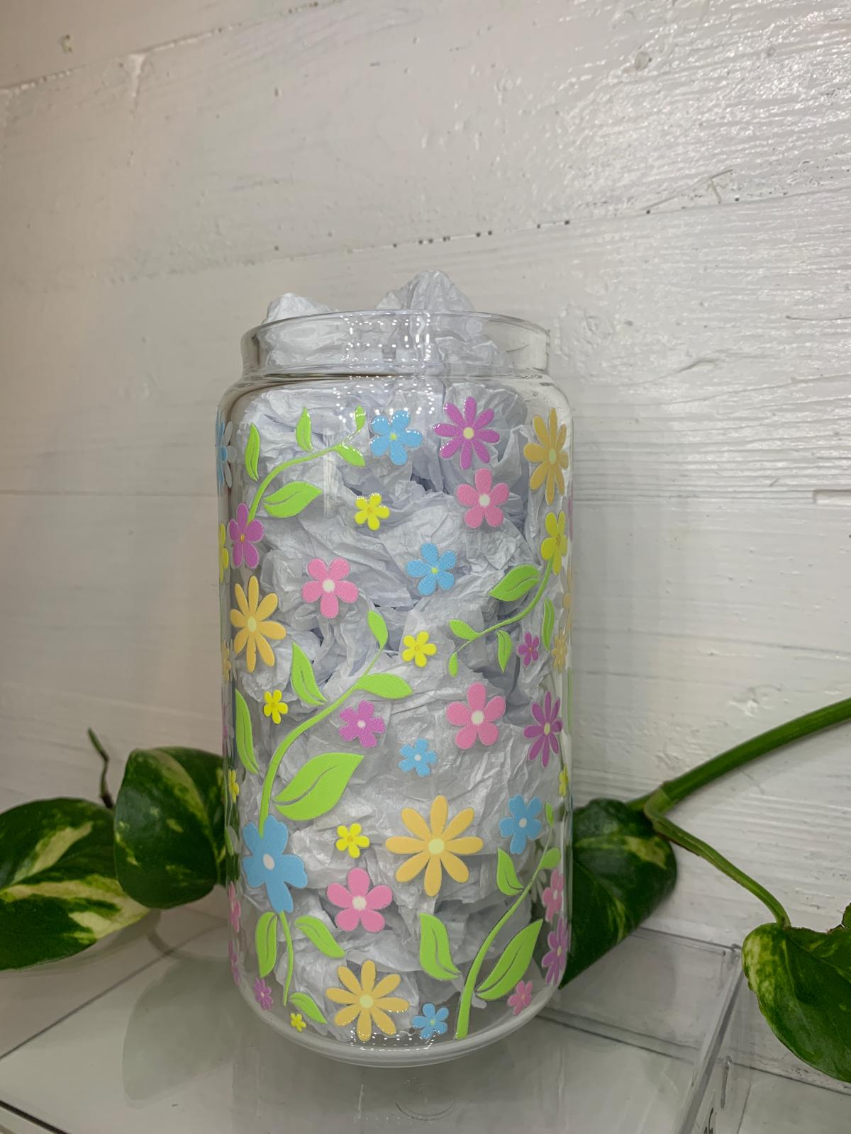 Spring Flowers Coffee Glass With Lid and Straw 600ml