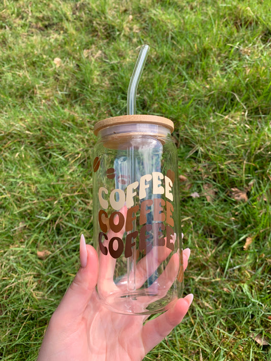 Retro Coffee Design Coffee Glass With Lid and Straw 600ml