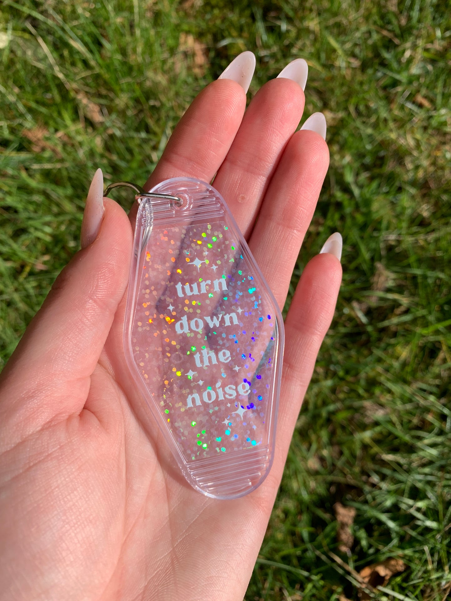 Turn Down The Noise Acrylic Holographic Motel Style Keychain