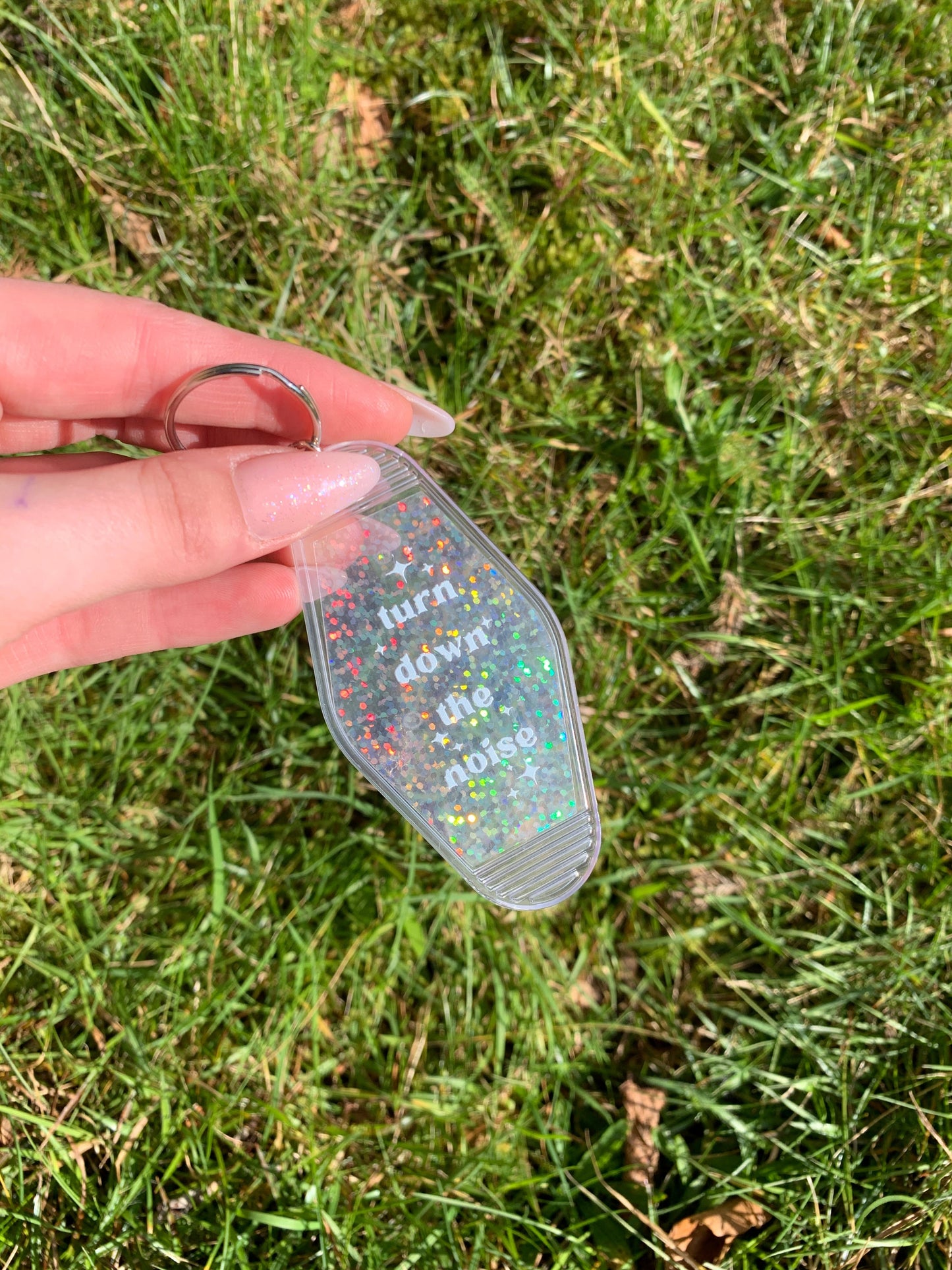 Turn Down The Noise Acrylic Holographic Motel Style Keychain