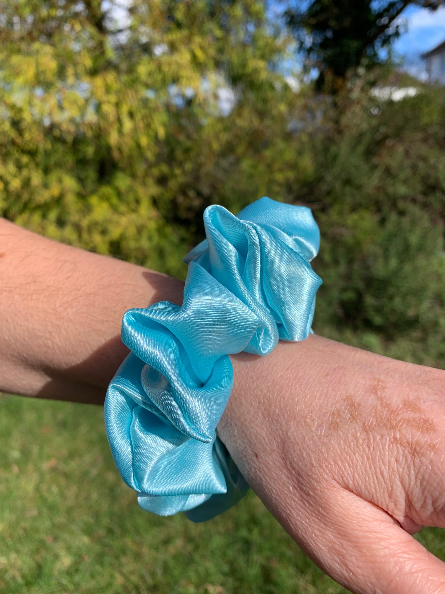 Aqua Blue Satin Scrunchie