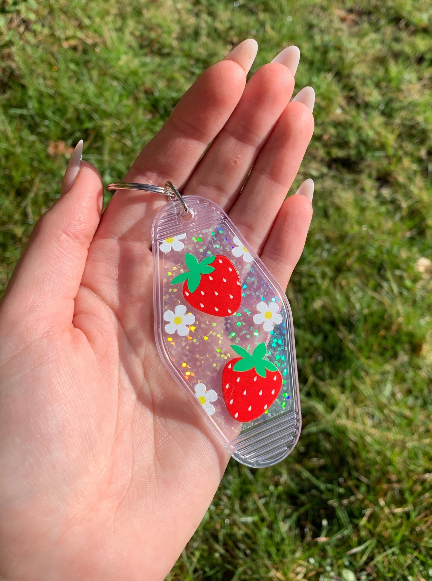 Strawberry Acrylic Holographic Motel Style Keychain