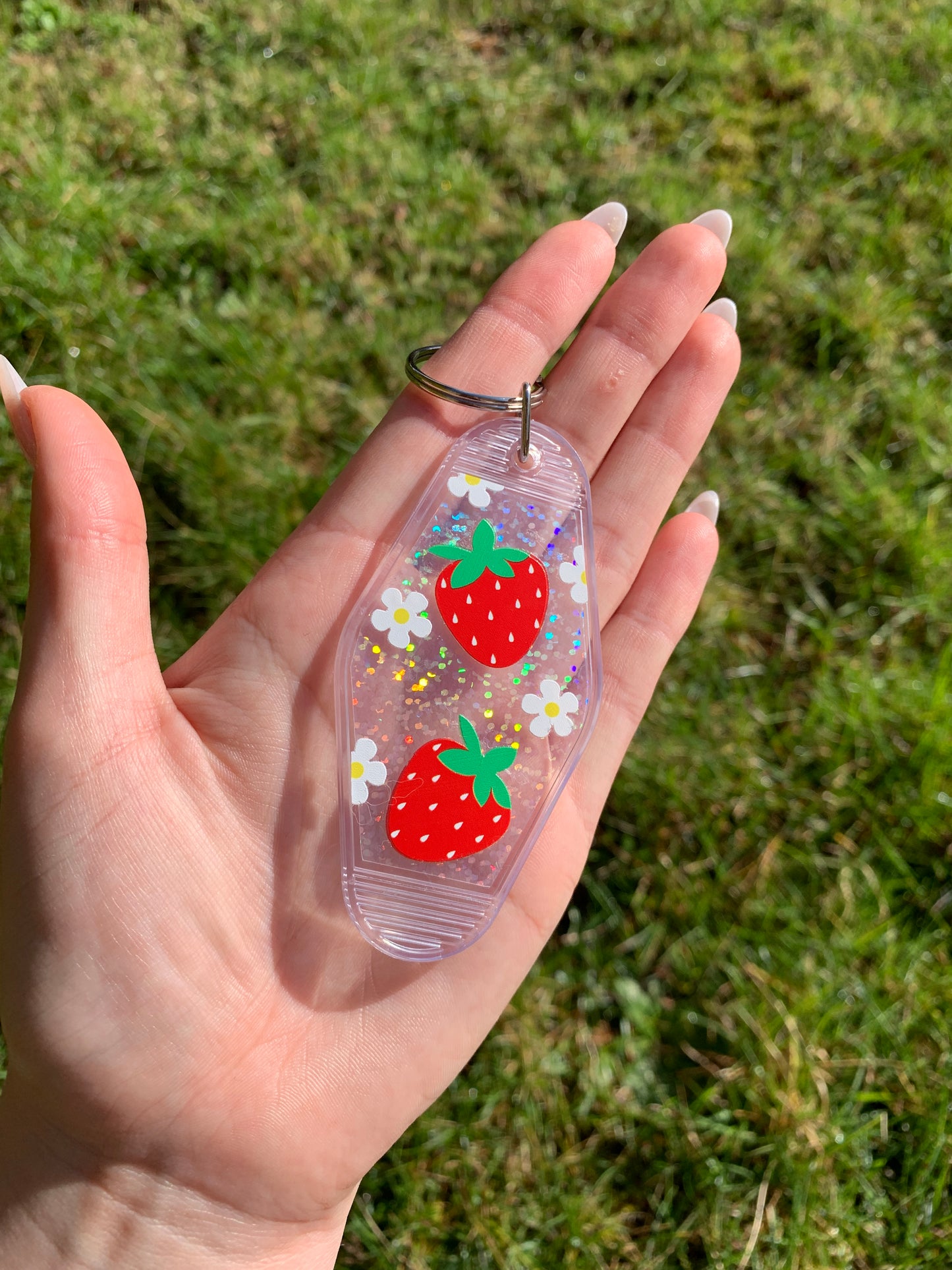 Strawberry Acrylic Holographic Motel Style Keychain